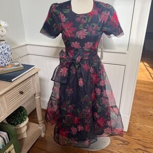 NWT Rachel Parcell Women Navy Pink Floral Organza Midi Dress Tiered  2